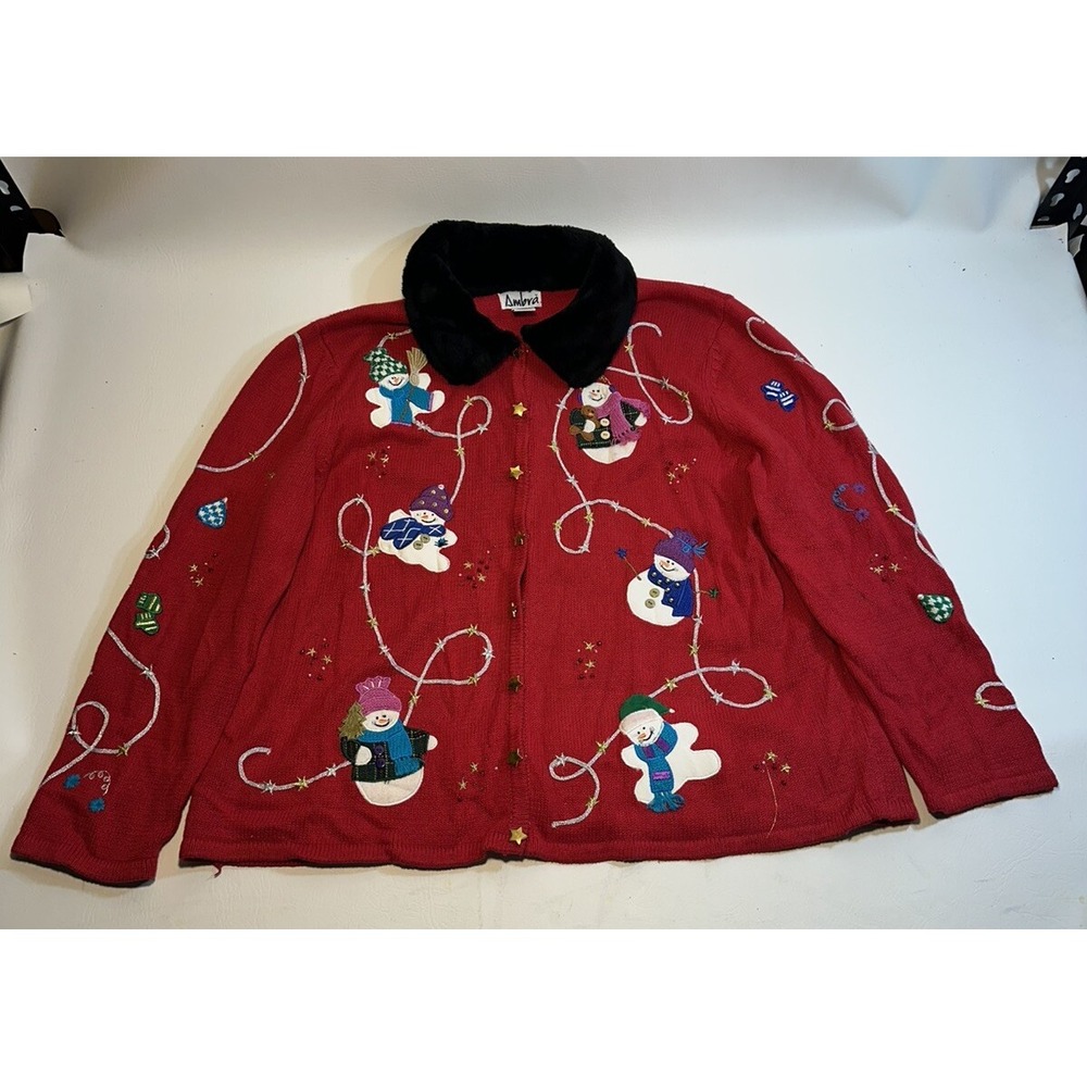 AMBRA HO HO HO SNOWMAN CARDIGAN 2XL CHRISTMAS SWEATER PARTY RED VINTAGE FUR